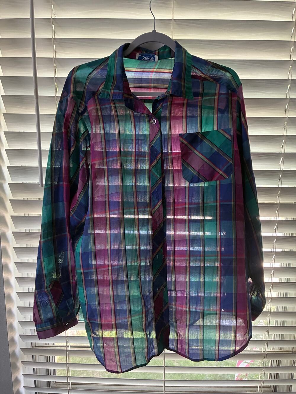 80s Plaid Blouse Sheer, cotton blend
